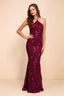 Vestido largo de sirena Cassandra color burdeos con escote halter y flores 3D