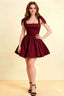 Cassandra Burgundy Bow Straps Mini Skater Dress with Square Neckline