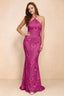 Vestido largo de sirena Cassandra fucsia con estampado floral 3D y cuello halter
