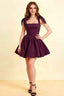 Cassandra Grape Bow Straps Mini Skater Dress with Square Neckline