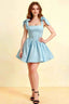 Cassandra Light Blue Bow Straps Mini Skater Dress with Square Neckline
