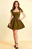 Cassandra Olive Bow Straps Mini Skater Dress with Square Neckline