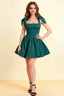 LVLVS Cassandra Dress Peacock Stretch Crepe Square Neck Bow Straps Mini Skater Dress for Cocktail Party