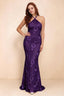 Vestido largo de sirena Cassandra color ciruela con escote halter y flores 3D