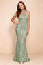 Cassandra Sage Green 3D Floral Halter Mermaid Maxi Dress