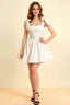 LVLVS Cassandra white bow straps mini skater dress with square neckline, stretch crepe fabric, perfect for cocktail party and semi-formal events, front view showcasing fit and flare silhouette