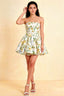 LVLVS Catherine Green and White Floral Print Bandeau Ruffle Mini Dress for Brunch Casual Day in Lightweight Bonded Crepe