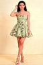 LVLVS Catherine Green Floral Print Bandeau Ruffle Mini Dress in bonded crepe for Spring Garden Party and Casual Brunch