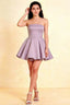 LVLVS Catherine Wisteria Bandeau Ruffle Mini Dress in bonded crepe for prom and cocktail parties, studio shot featuring sweetheart neckline and flared skirt