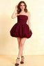 Cathy Burgundy Puff Ball Strapless Mini Dress with Ruching Details