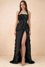 Celeste Black Pleated Ruffle Halter High Slit Maxi Dress
