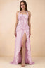 Celeste Candy Pink Pleated Ruffle Halter High Slit Maxi Dress