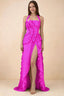 Celeste Fuchsia Pleated Ruffle Halter High Slit Maxi Dress