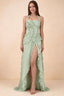 Celeste Light Green Pleated Ruffle Halter High Slit Maxi Dress