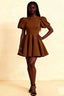 LVLVS Celia Coffee Stretch Crepe Crew Neck Puff Sleeve Mini Dress for Classy Brunch, Cocktail Party & Daytime Events - Elegant Fit and Flare Silhouette