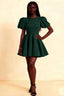 LVLVS Celia Emerald Green Stretch Crepe Dress with Puff Sleeves Crew Neck Mini Skater Dress for Bridesmaid Casual Party