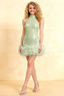 Christine mint sequin high neck sleeveless mini dress with feather trim, front view studio shot for homecoming or semi-formal events.