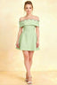 Christy mint off the shoulder rhinestones mini dress in crepe fabric for semi-formal parties and homecoming events, featuring a flared A-line silhouette and wavy neckline.