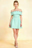 Christy mint blue off-the-shoulder mini dress with silver rhinestone trim, perfect for homecoming or semi-formal events, front view of model in studio.