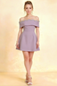 Christy wisteria crepe off-the-shoulder mini dress with rhinestone trim, perfect for homecoming or semi-formal events.