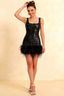 Cindy Black Sequin Bodycon Square Neck Mini Dress with Feather Trim