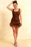 Cindy Brown Sequin Bodycon Square Neck Mini Dress with Feather Trim