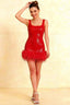 Cindy Red Sequin Bodycon Square Neck Mini Dress with Feather Trim front view model smiling studio shot