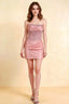 Clara Pink Satin Bodycon Corset Strapless Pleated Mini Dress for Homecoming, Semi-Formal & Prom - Front View of Slim Fit with Sequin Lace Bodice