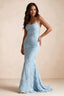 Vestido largo de sirena Cordelia azul cielo con apliques florales