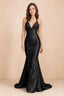 Vestido largo Elodie de satén negro fruncido con escote en V y corte sirena