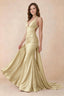 Elodie Lemon Satin Ruched V-Neck Mermaid Maxi Dress