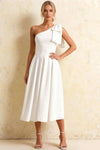 Giselle Asymmetrical White Midi Dress with Bow Sleeve