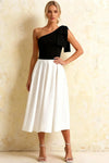 Giselle Black and White Asymmetrical Neckline Midi Dress with Bow