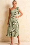 Giselle Green Harlyn Asymmetrical Floral Midi Dress with Bow