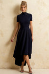 Gloria Navy High-Low Modest Midi Dress with Sleeves