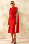 Gretchen Red High Neck Midi Dress Casual | Elegant Cape Dress