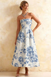 Gwen Blue and White Floral Angel Strapless Midi Dress