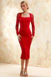 Gwendolyn Red Bodycon Dress Midi with Sleeves