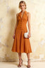 Harper Bronze Midi V Neck Dress | Elegant Drop Waist Halter