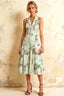 Harper Sage Green Floral V Neck Midi Dress with Drop Waist