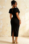 Harriet Black Puff Sleeve Midi Dress | Elegant Bodycon Party Gown
