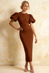 Harriet Chocolate Puff Sleeve Midi Dress | Elegant Bodycon