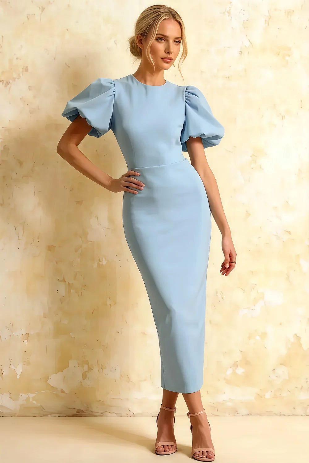 Harriet Powder Blue Puff Sleeve Midi Dress