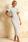 Harriet White Polka Dot Puff Sleeve Midi Dress | Elegant Back Detail