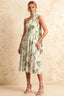 Helen One Shoulder Sage Green Floral Midi Dress with Scarf | Elegant A-Line Dress for Wedding Guest