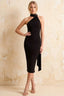 Helena Asymmetric Neck Black Midi Dress with Open Back and Scarf Detail