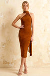 Helena Burnt Orange Asymmetric Neck Midi Dress with Scarf Detail