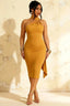 Helena Gold Midi Dress | Elegant One-Shoulder Evening Dress with Back Drape & Cutout