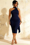 Helena Navy Blue Midi Dress | Elegant Blue Asymmetric Scarf Dress for Women