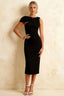 Henrietta Black Asymmetric Neck Midi Dress With Bow